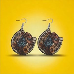 Western style wooden with sunflower shape‎ pattern drop hook earrings